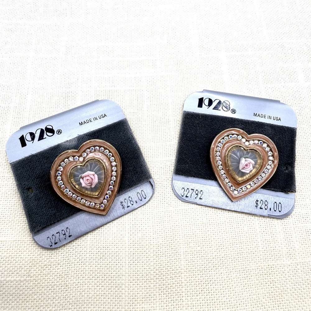 Set of 2 Vintage 1928 Gold Tone Heart Victorian Revival Brooches Pins w/ Roses